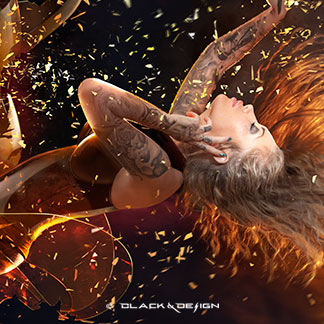 Fotokonst som visar en inzoomad detalj av "Falling Into Pieces" - en kvinna i glasklänning faller bakåt i glassplitter.