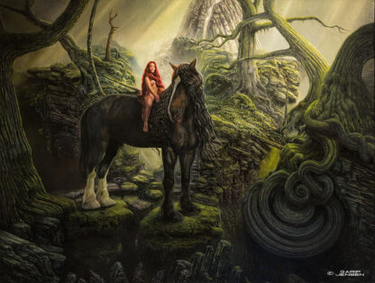 My Lady Godiva - Oljemåleri i Fantasy-stil av Garip Jensen. En naken kvinna i långt rött hår på en shire-häst i ett fantasilandskap.