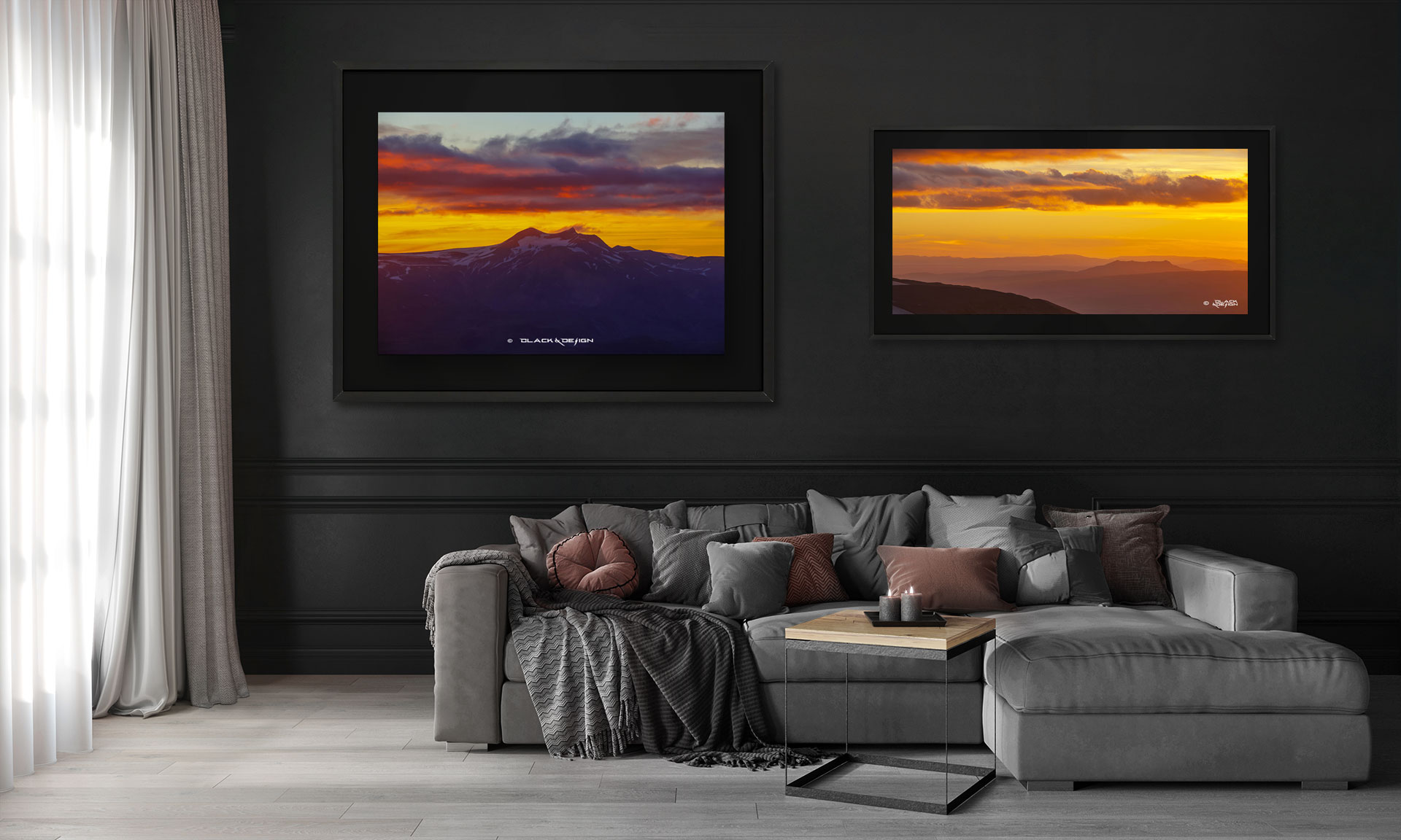 Naturmotiv i form av foton som visar solnedgången över Thorsmörk på Island. Motiven är inramade och visas i en stilig inredning.