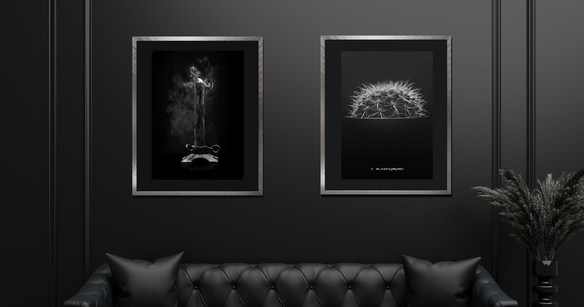 Foto-konst av två motiv ur kategorin "Darker" på Black & Design - en svart ljusstake vars ljus precis släckts, och en kaktus med fokus på taggarna