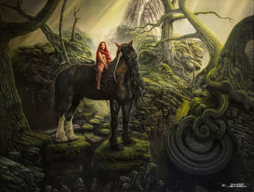 My lady Godiva - fantasymålning av Garip Jensen som visar sin fantasy-version av Lady Godiva som red naken genom Coventry i England av anledningar som fantasyversioner inte förtäljer.