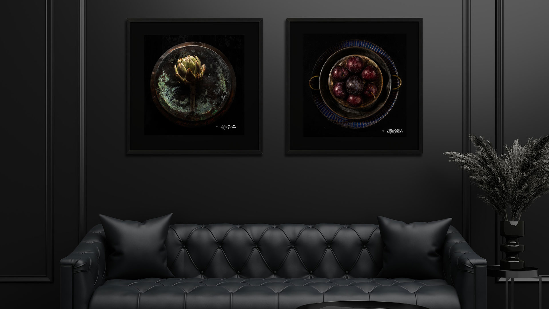 Fotovägg i mörk inredning med kvadratiska motiv från Black & Design. Tema från kategorin "kök".