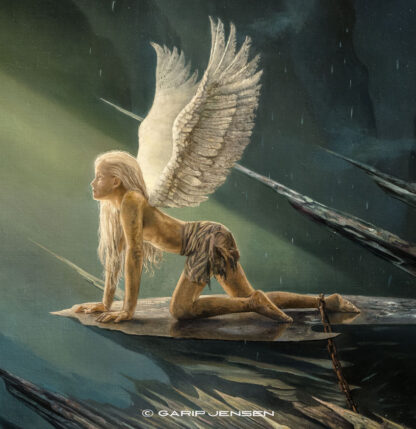 Detaljbild från målningen "Free Your Angel" som visar den tillfångatagna ängeln.