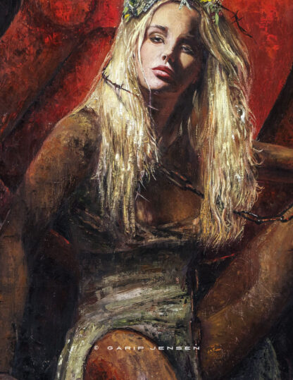 Detalj från oljemålningen "Mona" som visar porträtt och bål.