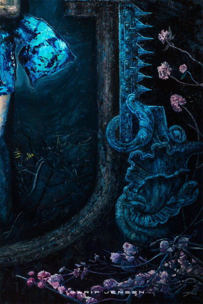 Detalj från oljemålningen "Natalie in blue" som visar nedre högra delen av målningen.