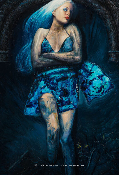 Detalj från oljemålningen "Natalie in blue" som visar Natalie i sin blåa känning