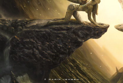 Närbild från oljemålningen "Opposites attract" som visar en av klipporna som en av de bevingade kvinnorna står på.