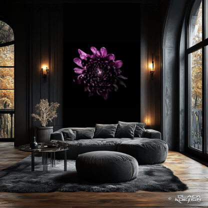 Blackened Dahlia - Nocturne Bloom. Fine art print i toppklass på Black & Design. AI-skiss om fine art print i eleganta hem.